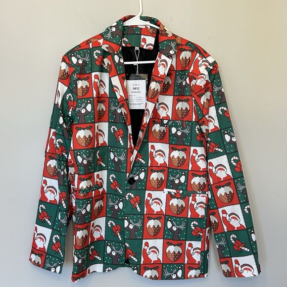 Wisholic Santa Claus Print One Button Blazer Jacket‎ Mens Sz XL Red Green NEW - Picture 1 of 10